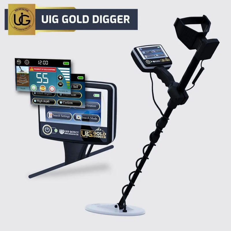 UIG Gold Digger device for detecting gold and precious metals, shown in a close-up image highlighting the detector's controls and build.