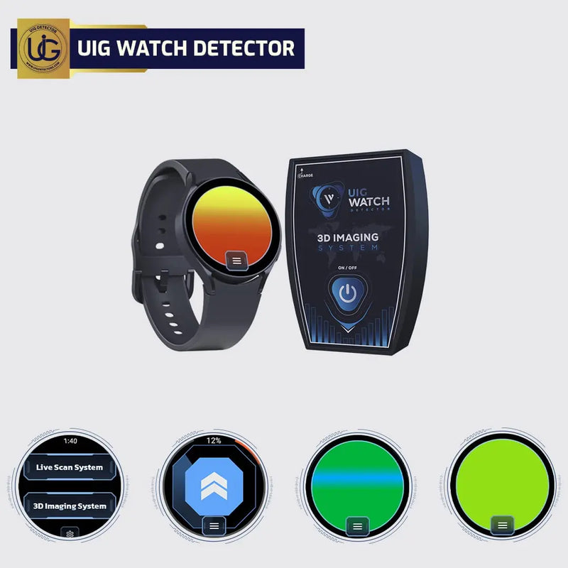 UIG watch detector 3D imaging system showing a handheld device with screen and 3D scan interface, used for security and surveillance.