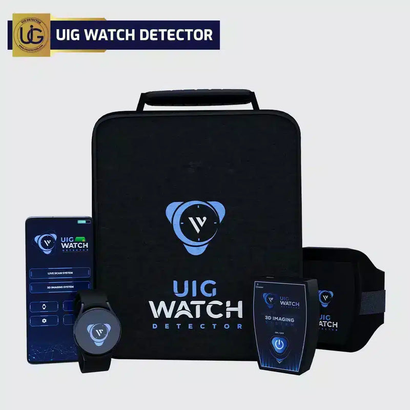 UIG watch detector 3D imaging system showing a sleek device with digital display and scanning interface for hidden watch detection.