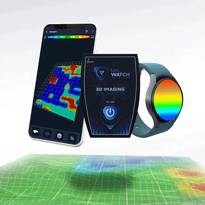 UIG watch detector 3D imaging system displaying digital readout and scanning interface for security detection.
