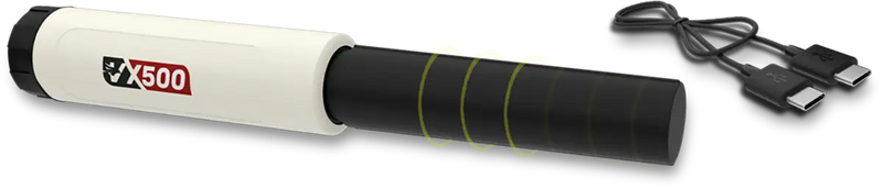 Vertex VX500 high-sensitivity waterproof pinpointer used for metal detecting, shown in a close-up of its sleek design and controls.
