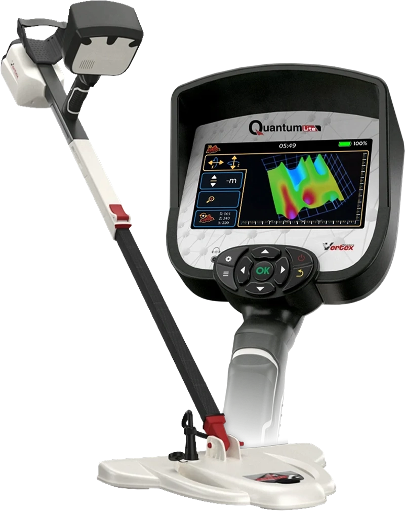 Vertex Quantum Lite 3D scanner and gold detector showing device with digital display and scanning sensors in use.