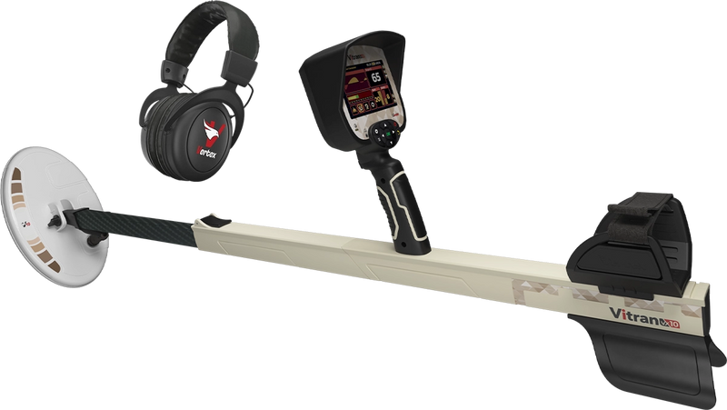 Vertex VITRAN VX10 gold nugget metal detector with digital control panel and ergonomic grip for gold prospecting and treasure hunting.