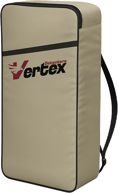 Vertex VITRAN VX10 gold nugget metal detector in black and gold with control panel and search coil for gold prospecting.