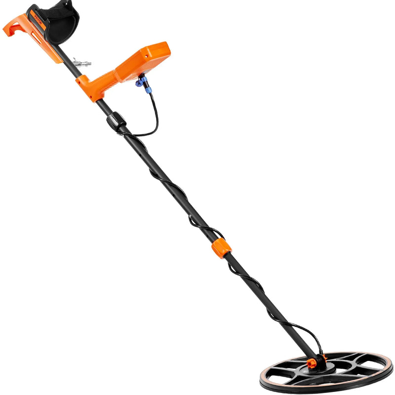 Vevor waterproof metal detector with 12-inch coil, LCD display, adjustable settings, and rechargeable battery for gold and treasure hunting.
