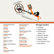 Vevor waterproof metal detector with 12-inch coil, LCD display, rechargeable battery, and Bluetooth for gold and treasure hunting.