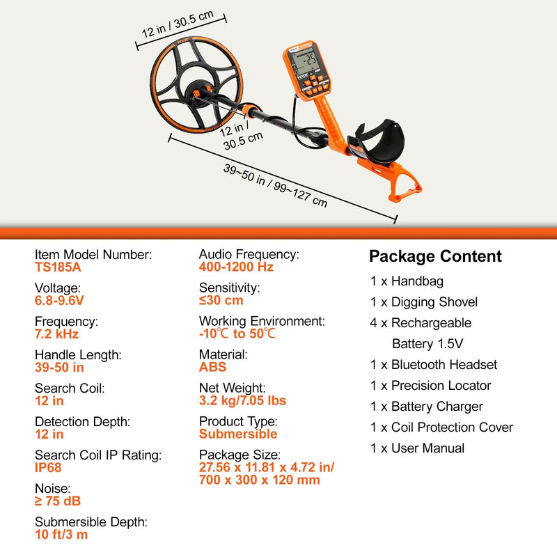 Vevor waterproof metal detector with 12-inch coil, LCD display, rechargeable battery, and Bluetooth for gold and treasure hunting.