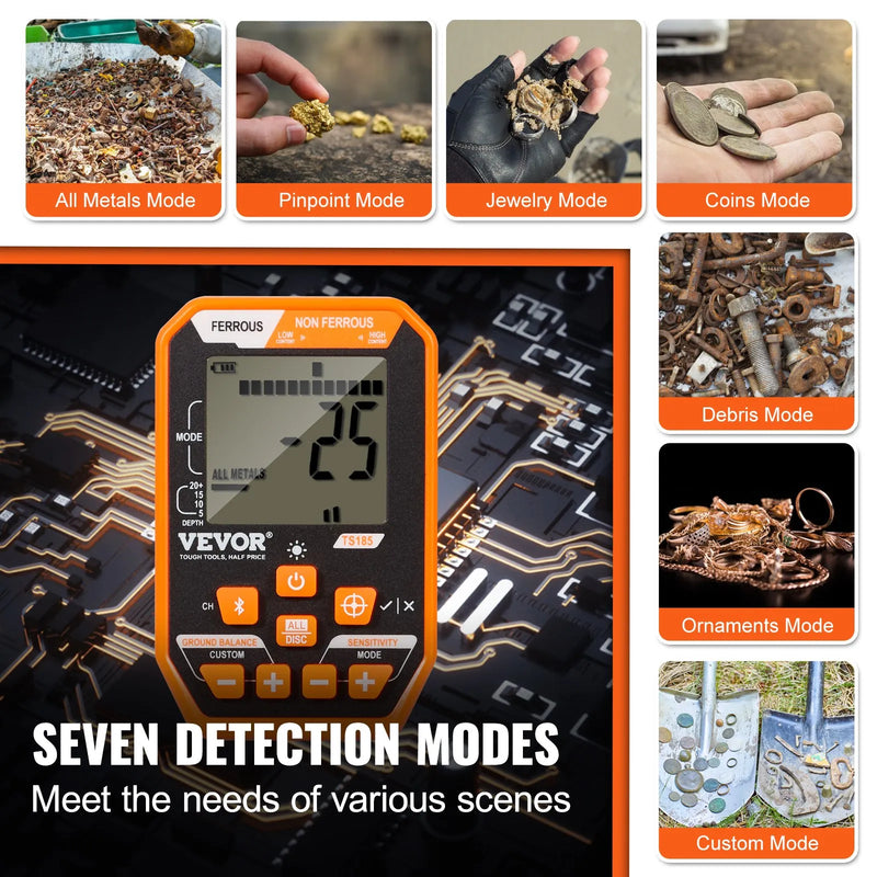 Vevor waterproof metal detector with 12-inch coil, LCD display, adjustable height, Bluetooth headset, for gold and treasure hunting.