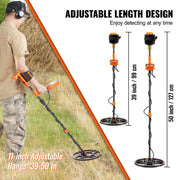 VEVOR waterproof metal detector with 12-inch coil, LCD display, rechargeable battery, Bluetooth, and adjustable settings for gold hunting.