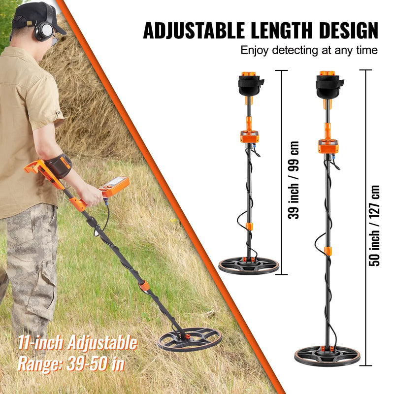 VEVOR waterproof metal detector with 12-inch coil, LCD display, rechargeable battery, Bluetooth, and adjustable settings for gold hunting.
