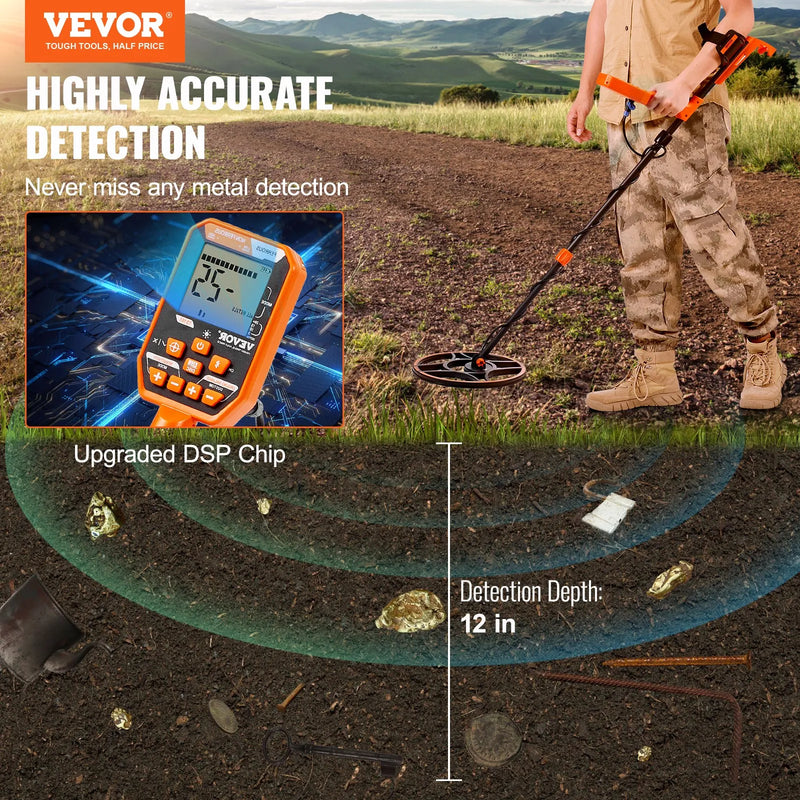 VEVOR waterproof metal detector with 12-inch coil, LCD display, rechargeable battery, Bluetooth headset, ideal for gold and treasure hunting.