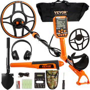 Vevor waterproof metal detector with 12-inch coil, LCD display, adjustable armrest, and Bluetooth headset for gold and treasure hunting.