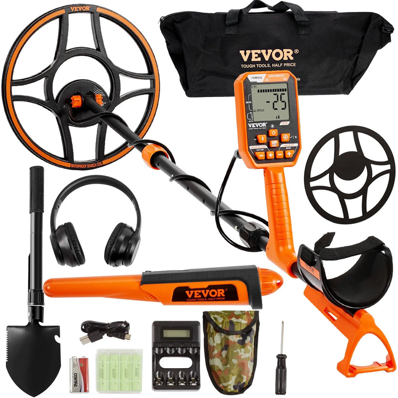 Vevor waterproof metal detector with 12-inch coil, LCD display, adjustable armrest, and Bluetooth headset for gold and treasure hunting.